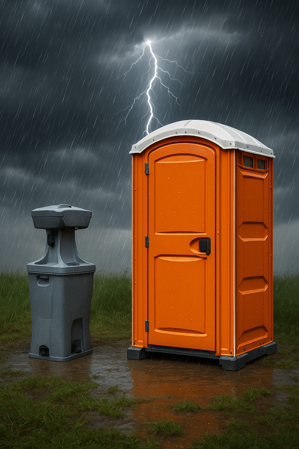 Orange portable toilet and gray handwashing station during a summer storm.