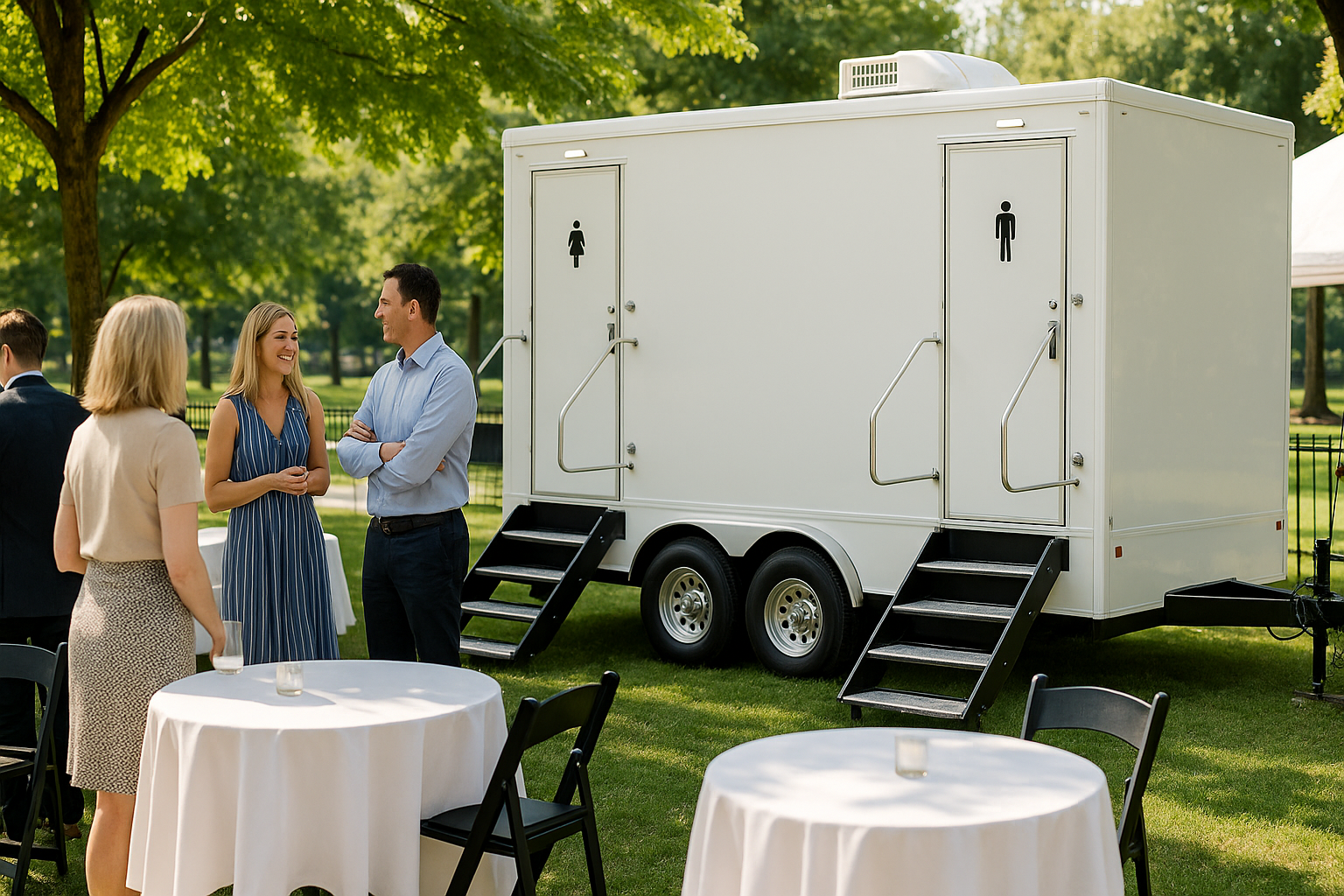 White luxury restroom trailer at a shaded outdoor professional event in Central Virginia.