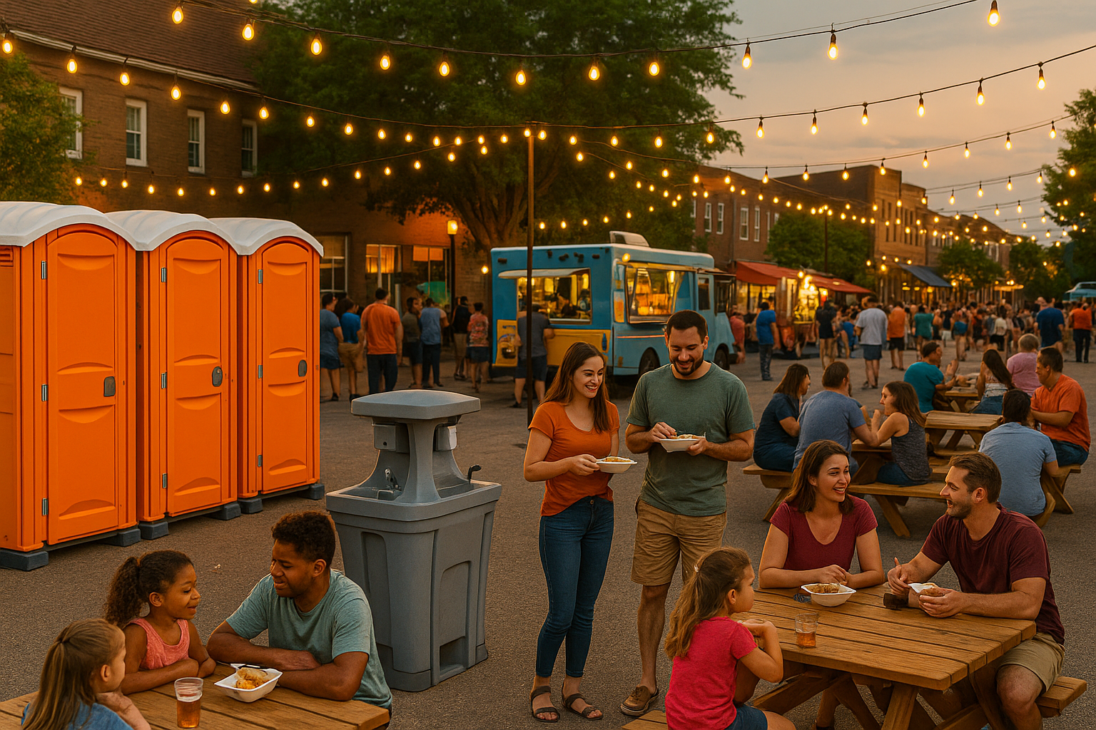Portable toilets at a busy summer food truck event with handwashing stations and local guests.