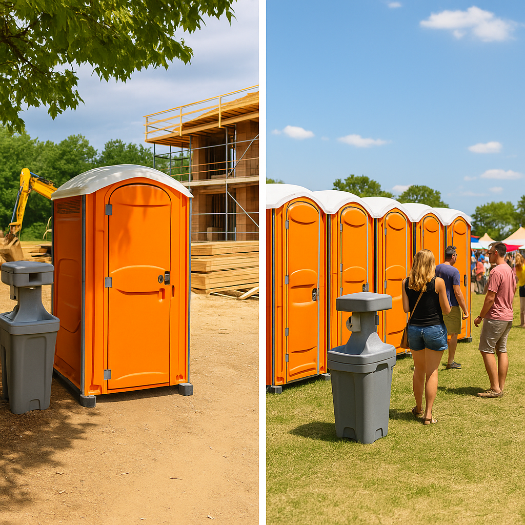 Clean porta potties and a technician servicing units during a hot summer day in Central Virginia.