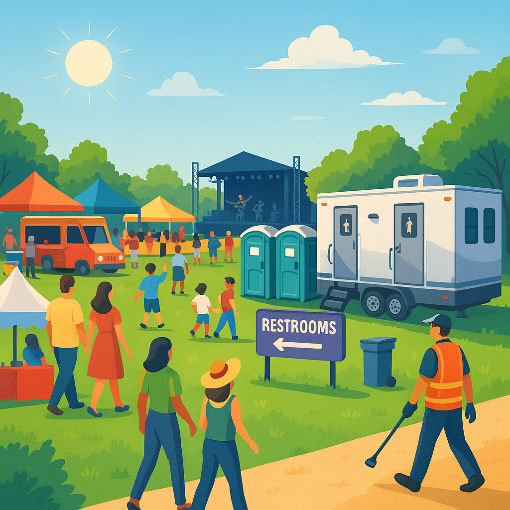 Outdoor summer festival with portable restrooms and a luxury trailer.