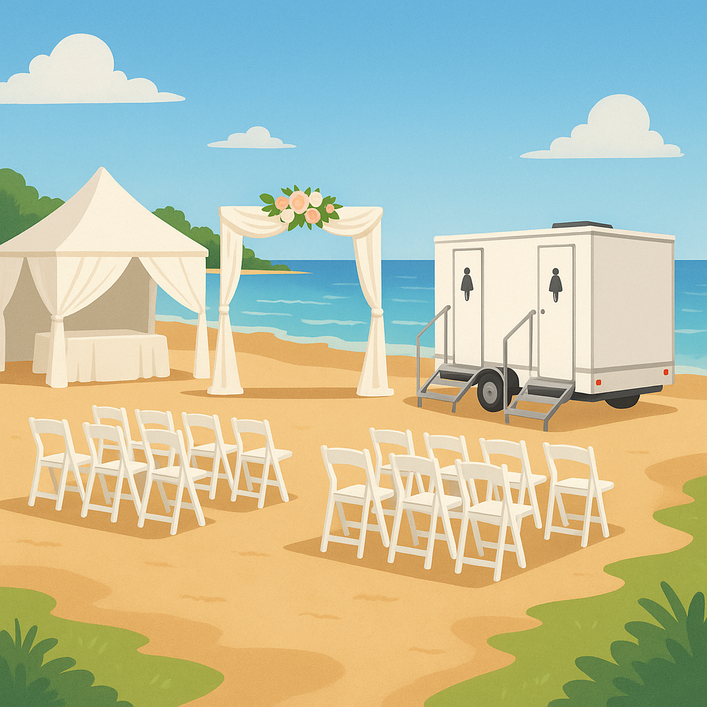 Luxury restroom trailer at a beach wedding ceremony with ocean view and white seating.