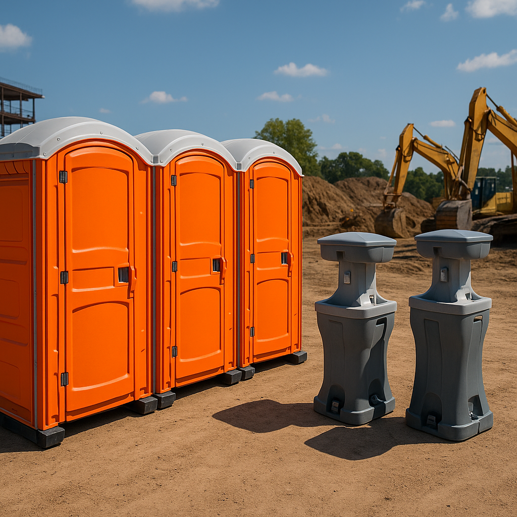 Orange portable toilets and gray handwashing stations at a construction site.