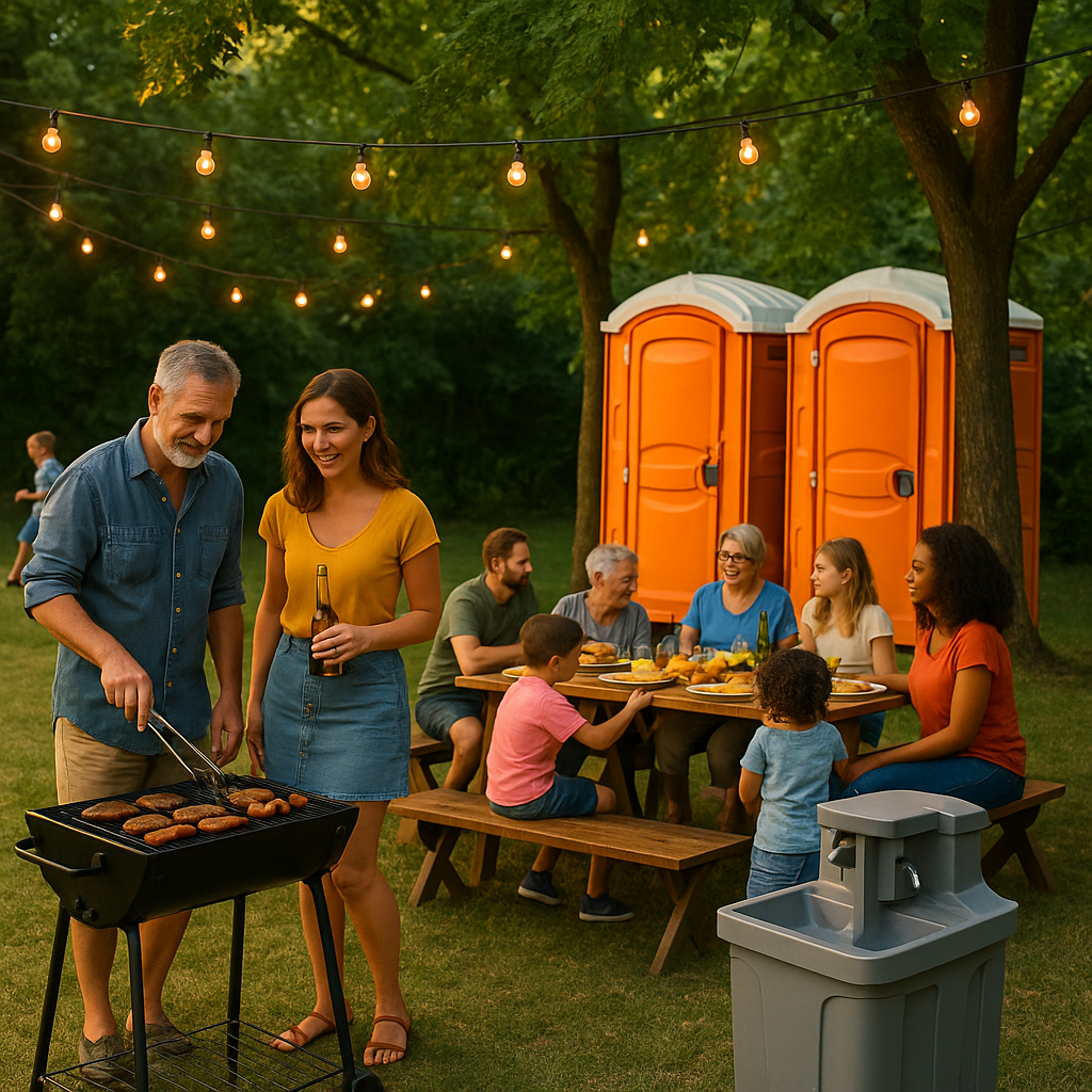 Backyard summer party with BBQ, orange portable toilets, and a handwashing station in Central Virgin
