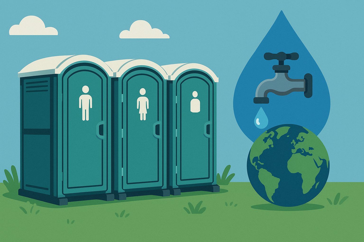 Portable toilets beside a water droplet with a faucet and globe, symbolizing water conservation
