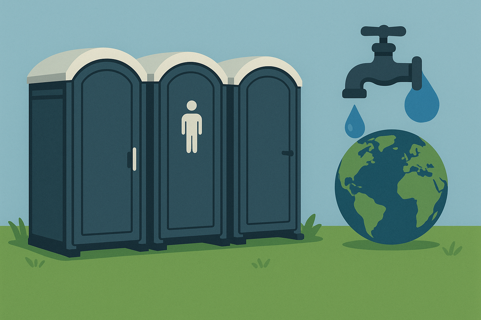 Modern portable toilets beside a globe and faucet, symbolizing eco-friendly sanitation.