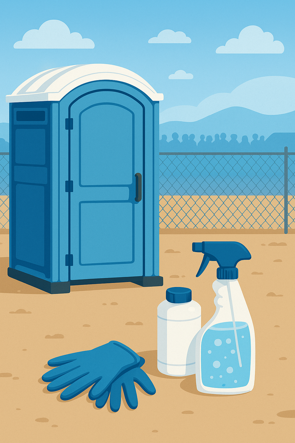 Clean portable toilets with sanitation supplies on a worksite.