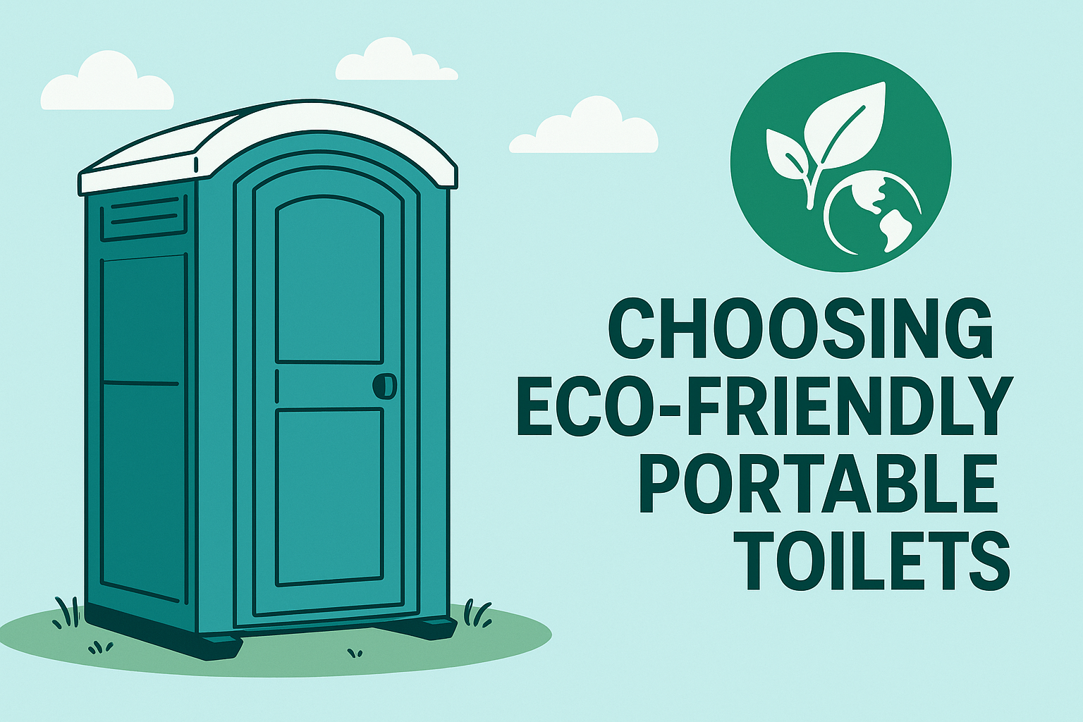 Eco-friendly portable toilet with a green earth-and-leaf symbol.
