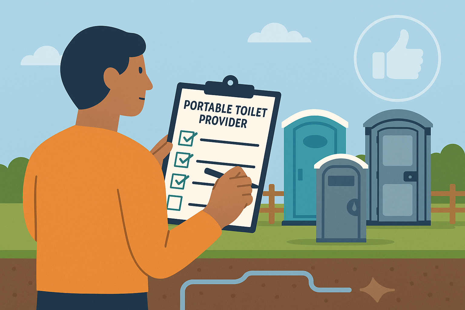 Person checking a portable toilet provider checklist in front of restroom options.