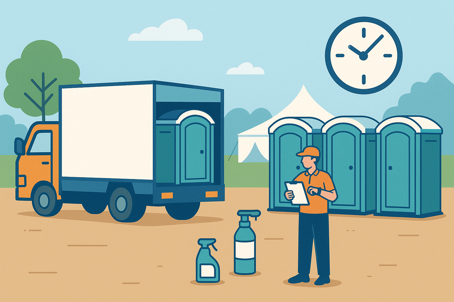 Delivery truck unloading portable toilets on time at an event site.