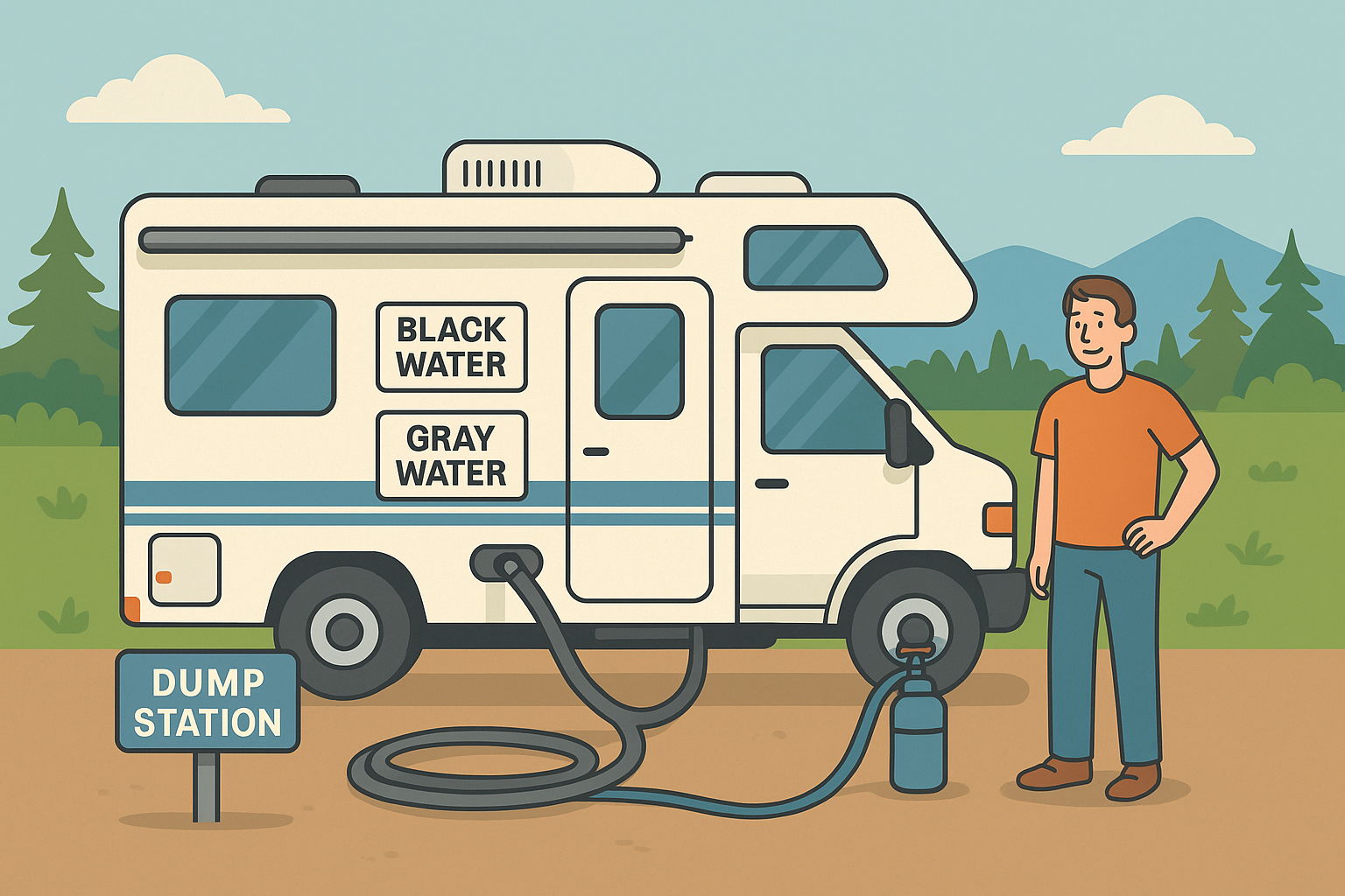 RV at a dump station with waste hose connected and labeled water tanks.