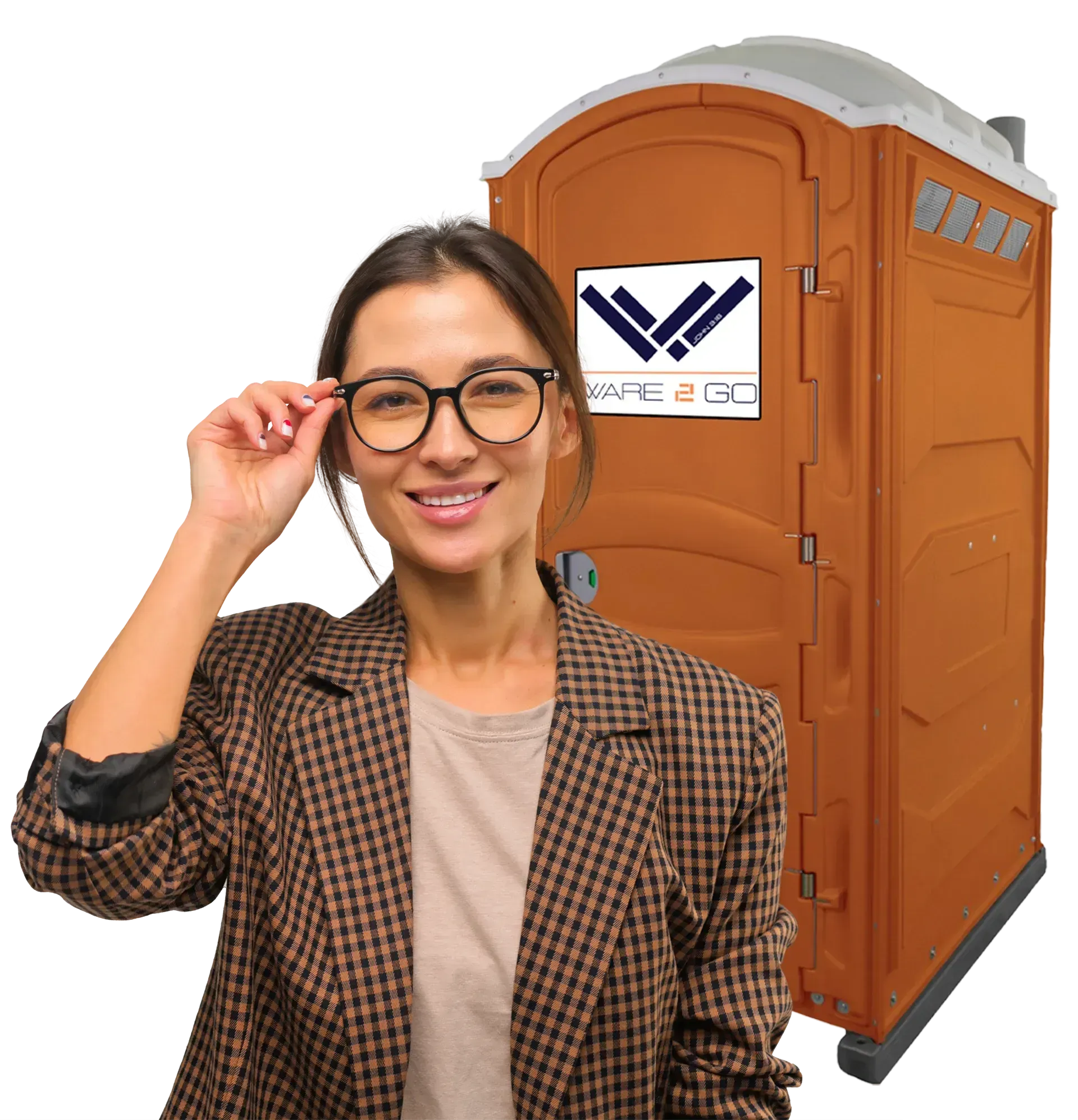 Professional woman with portable toilet for events, ensuring clean and reliable rentals