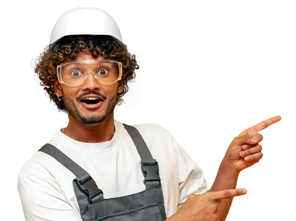 Man pointing towards quality porta potties and restroom trailers, highlighting reliable sanitation solutions