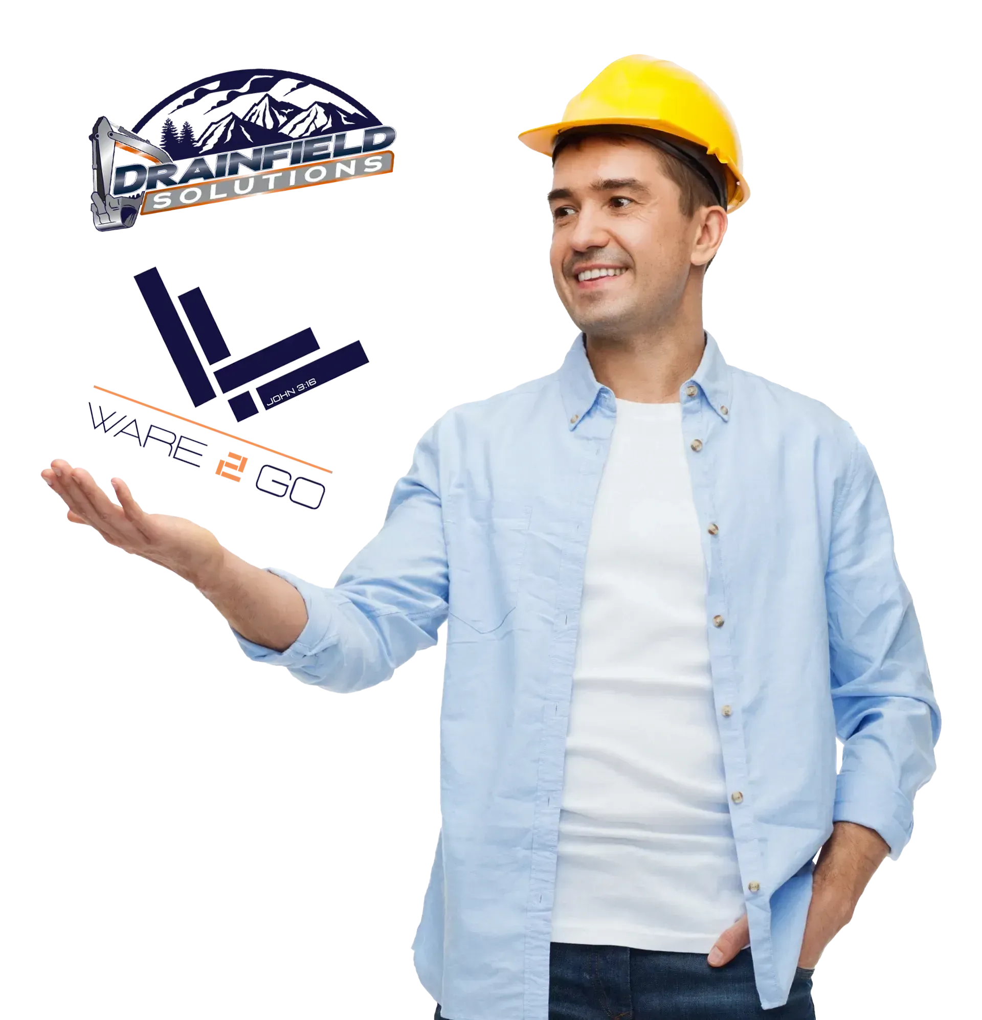 Man stretching his right arm with WARE2GO Logo and Drainfield Solutions Logo with an invisible backdrop.