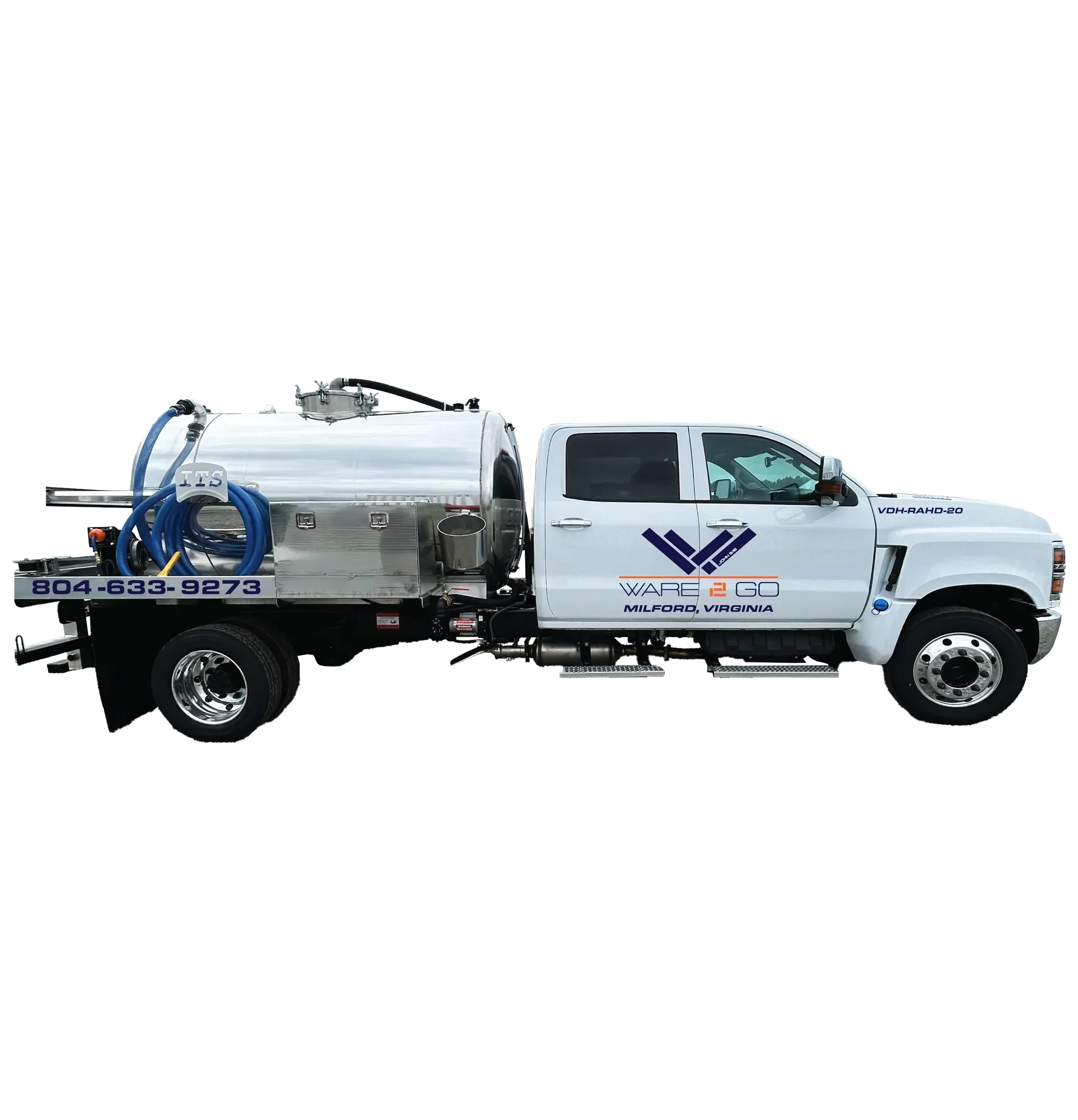 WARE2GO truck ready for delivery of porta potties and restroom trailers, ensuring clean and reliable rentals for any event