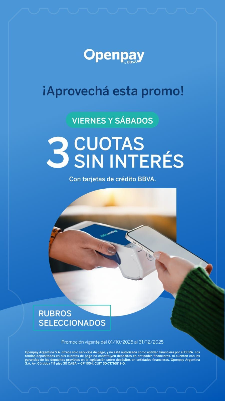 Promoción Openpay: 3 cuotas sin interés los viernes y sábados. Pago en mano con tarjeta de crédito.