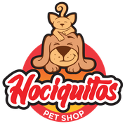 Logotipo para Nociquitos Pet Shop: perro sonriente con un gato encima, sobre un fondo rojo y amarillo, 