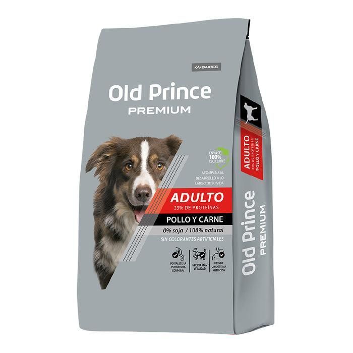Bolsa de comida para perros Old Prince Premium, con imagen de un perro e información del producto.
