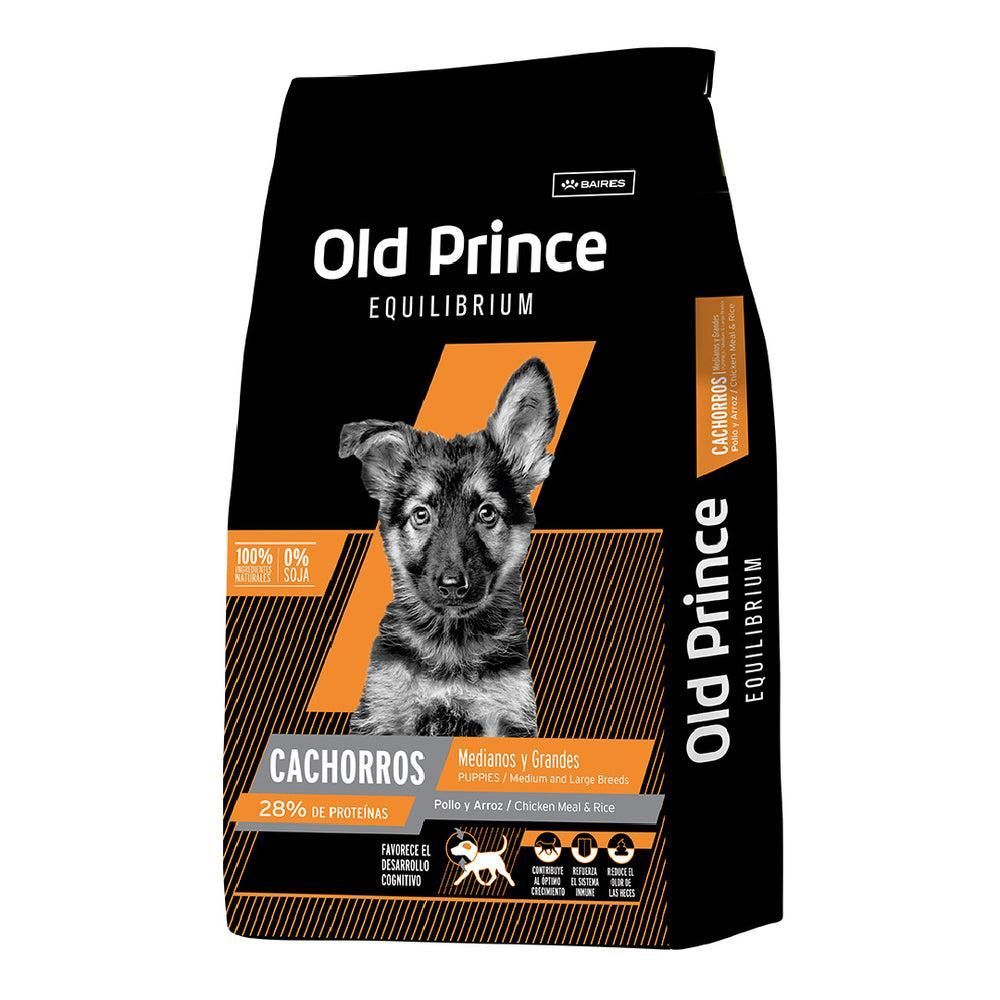 Bolsa negra de comida para perros Old Prince para cachorros, con una imagen de cachorro en el frente.