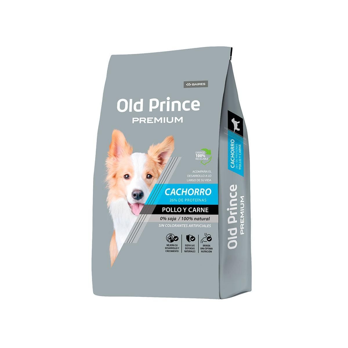 Bolsa de comida para perros, Old Prince Premium, con imagen de un perro, en envase gris.