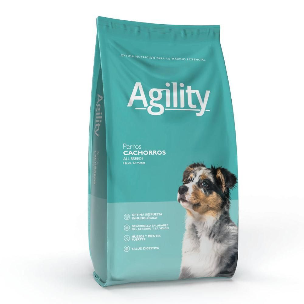 Bolsa de alimento para cachorros de la marca Agility, en color verde azulado y blanco, con un perro en el frente.