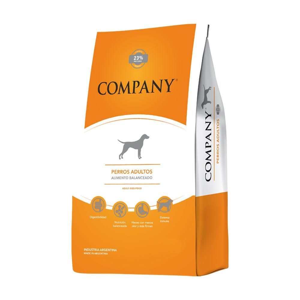 Bolsa de comida para perros de la marca Company, en color naranja y blanco, con silueta de perro.