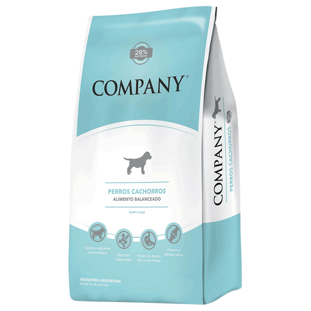 Bolsa de comida para perros, color azul claro con logo "COMPANY" y silueta de un perro, texto en español.