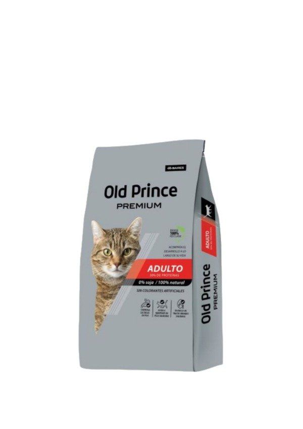 Bolsa de comida para gatos premium Old Prince con cara de gato en el frente, fondo gris y detalles en rojo.