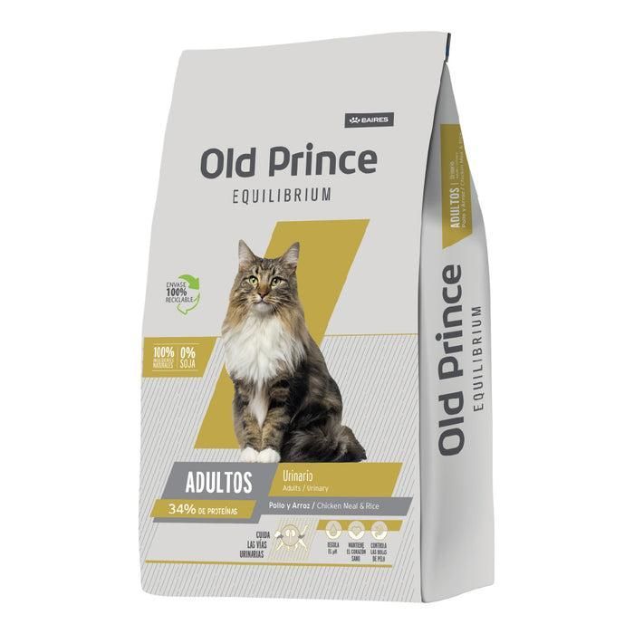 Bolsa de comida para gatos Old Prince; un gato de pelo largo en el envase, detalles en gris y amarillo, fondo blanco.