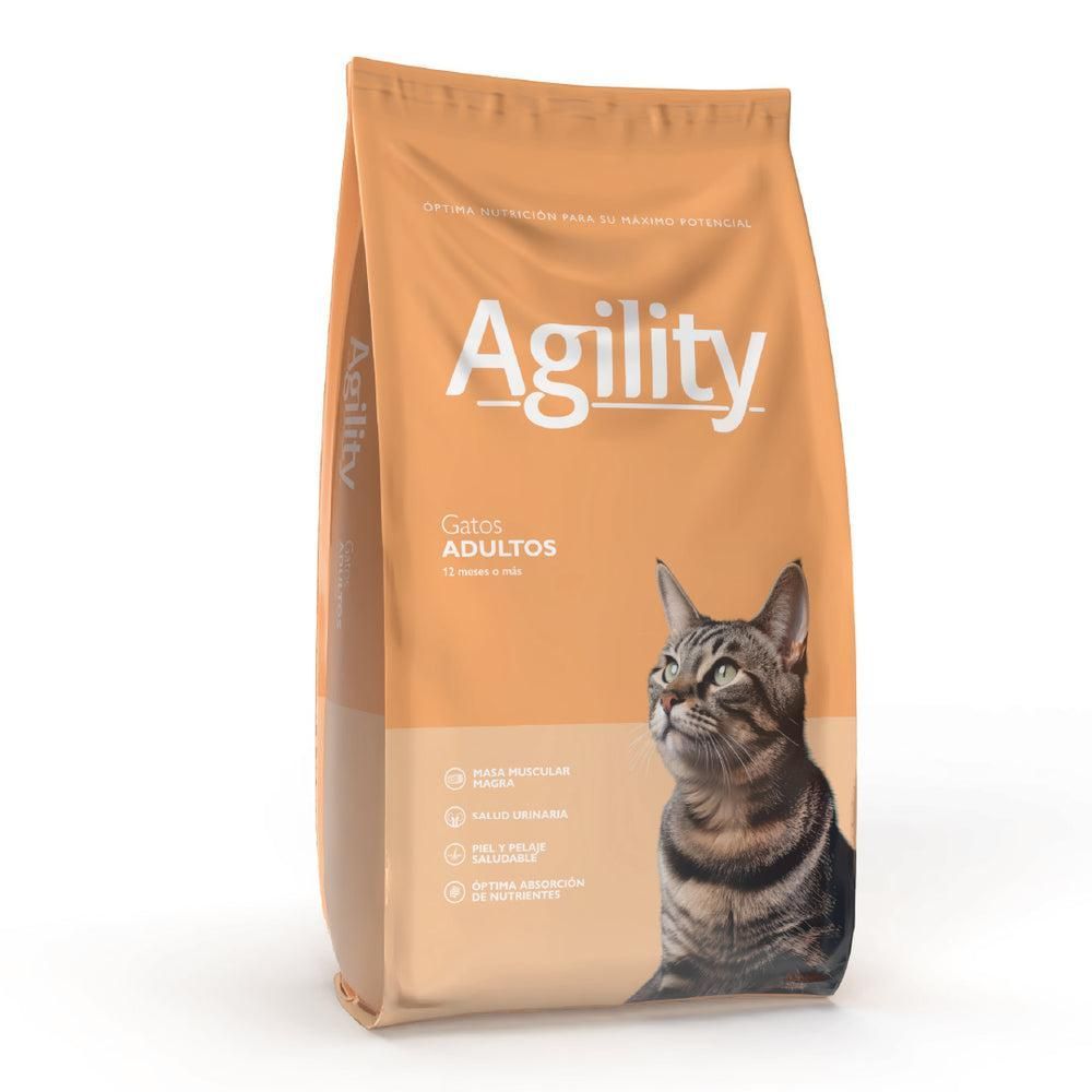 Bolsa de comida para gatos de la marca Agility, de color naranja y blanco, con un gato atigrado mirando hacia arriba.