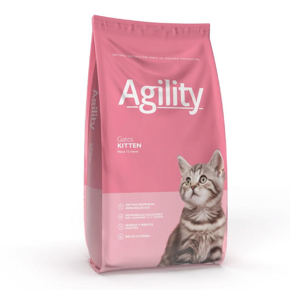 Bolsa rosa de alimento seco Agility Cat Kitten con un gatito en el frente.