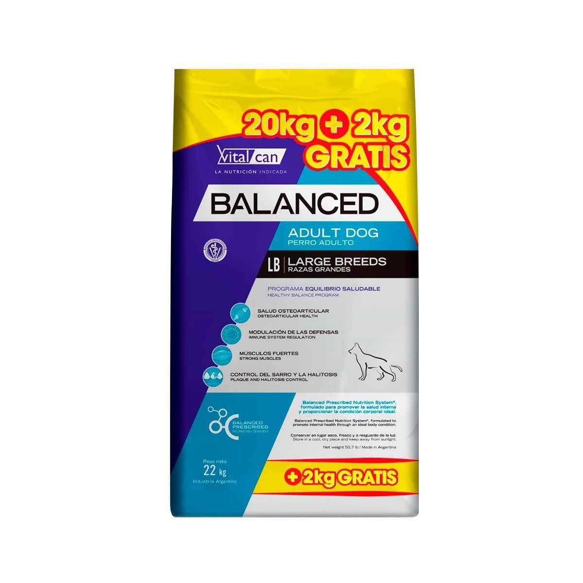 Bolsa de comida para perros, marca “Balanced”, para perros adultos de razas grandes, con texto “20kg + 2kg gratis”.