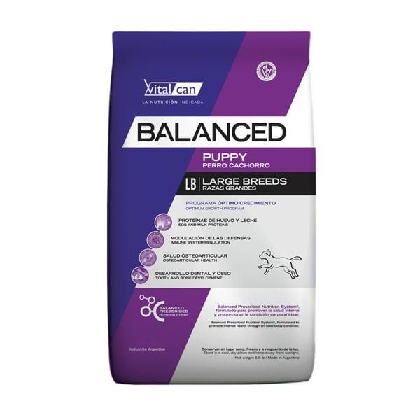 Bolsa de alimento Vitalcan Balanced Puppy para razas grandes, color morado y azul.