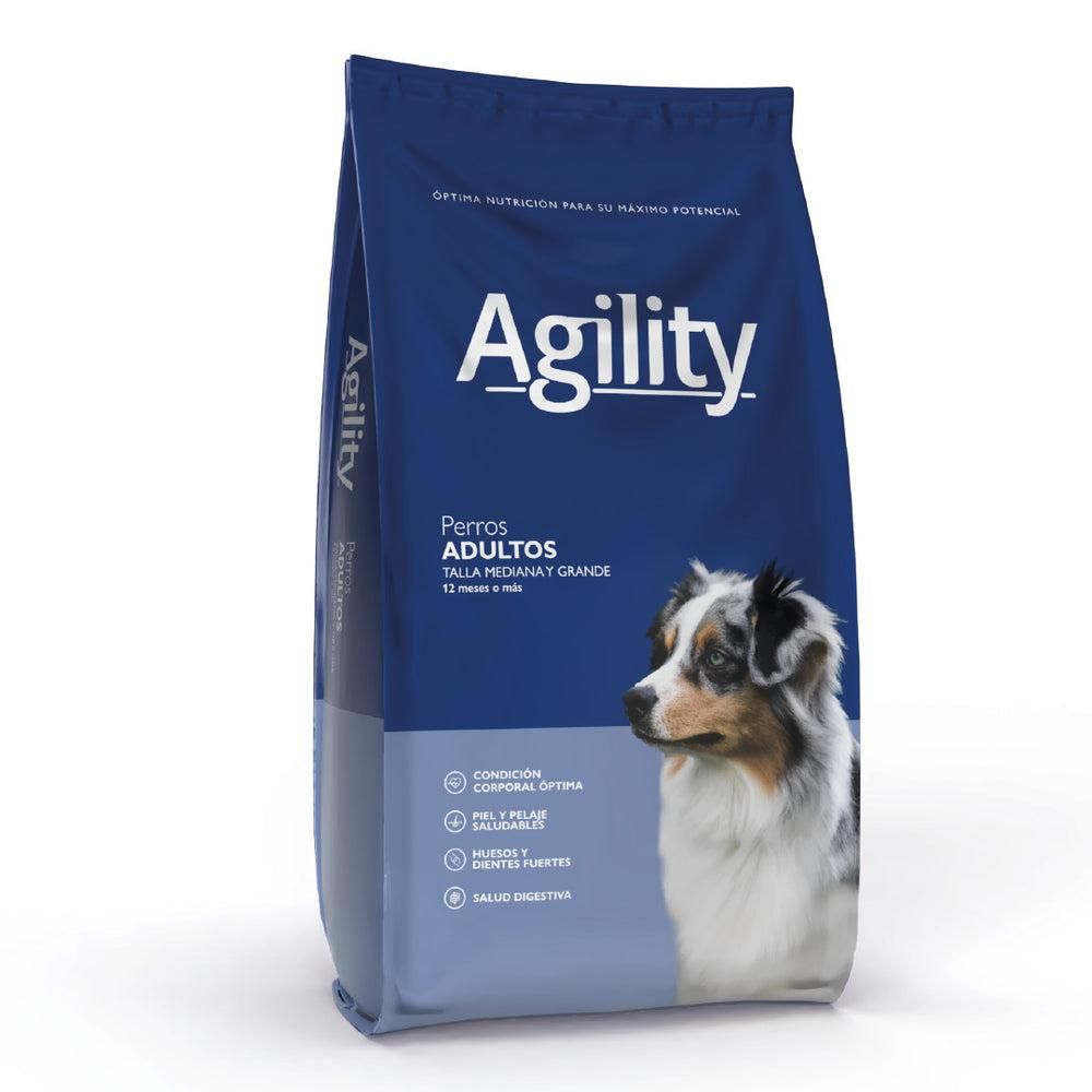 Bolsa de pienso para perros adultos de la marca “Agility”, con la imagen de un perro en el envase.