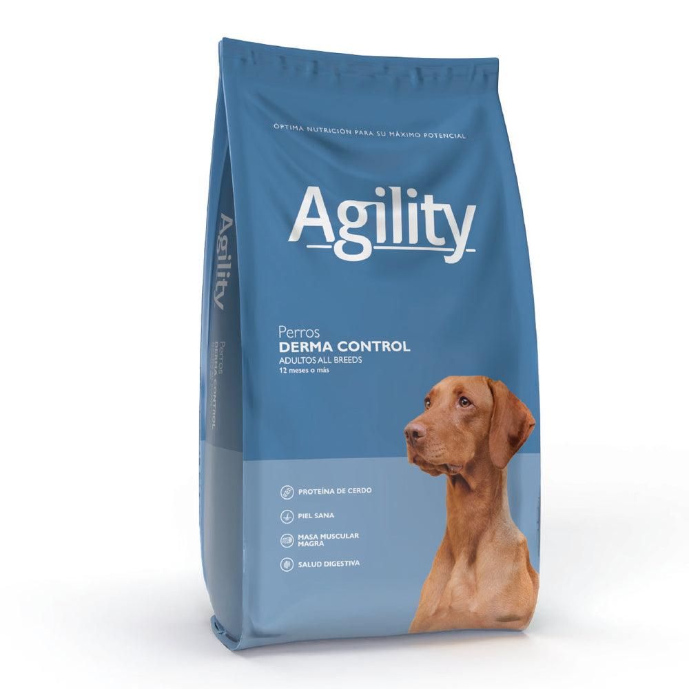 Bolsa de alimento para perros Agility Derma Control, paquete azul con un perro marrón y texto.