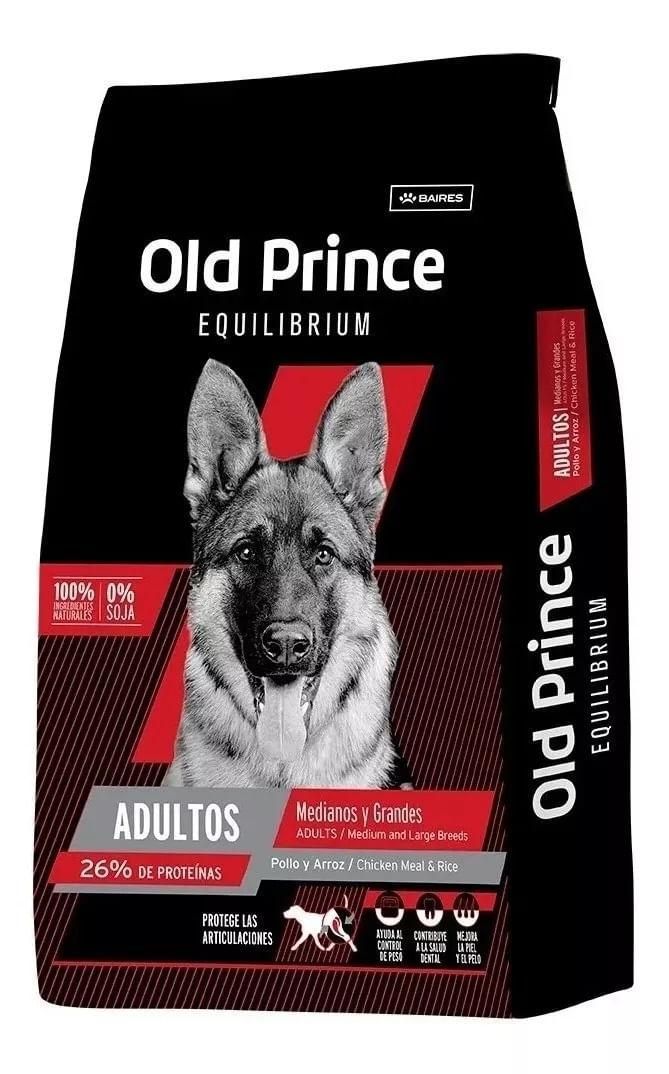 Bolsa negra de comida para perros Old Prince Equilibrium con un pastor alemán en el frente.