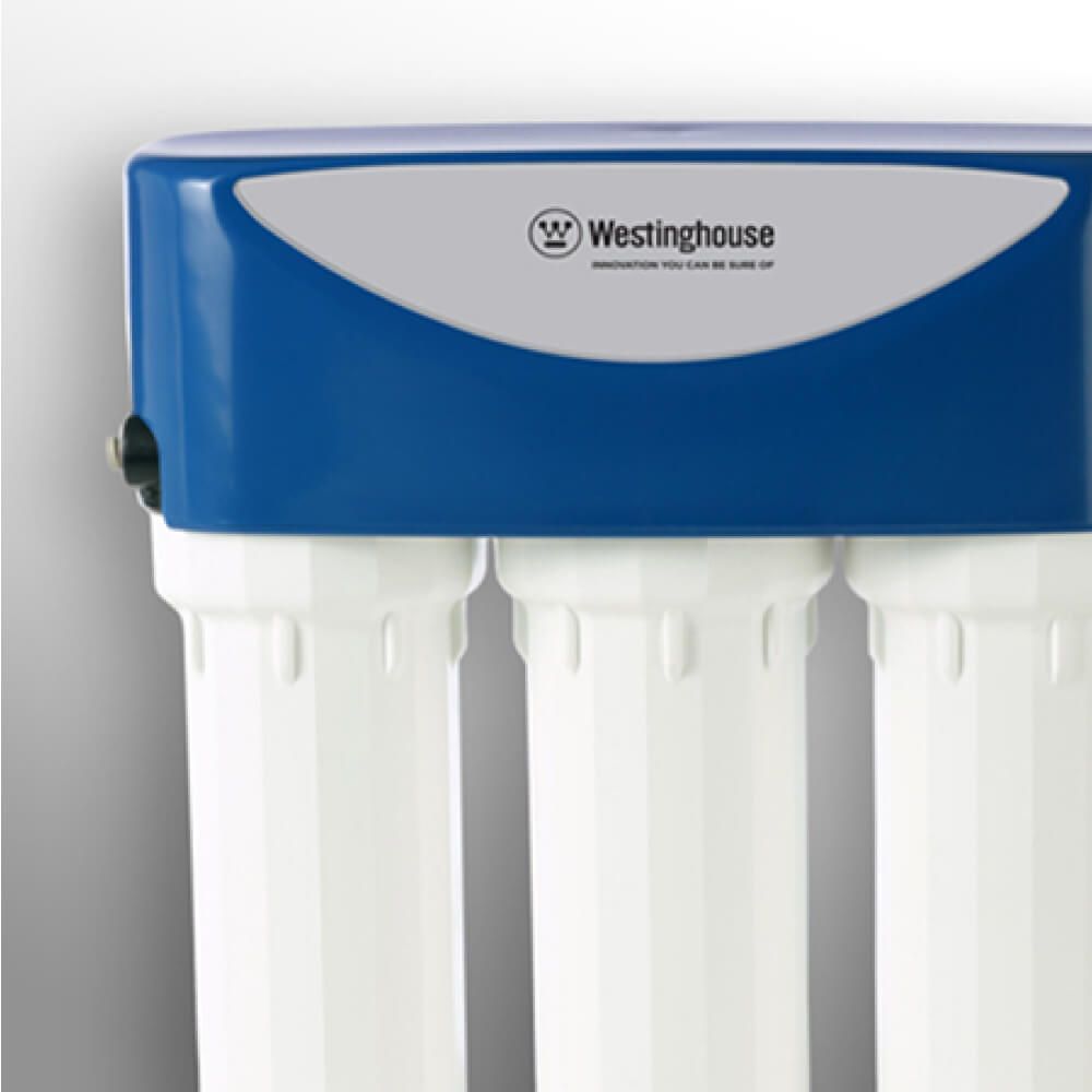 A blue and white westinghouse water filter