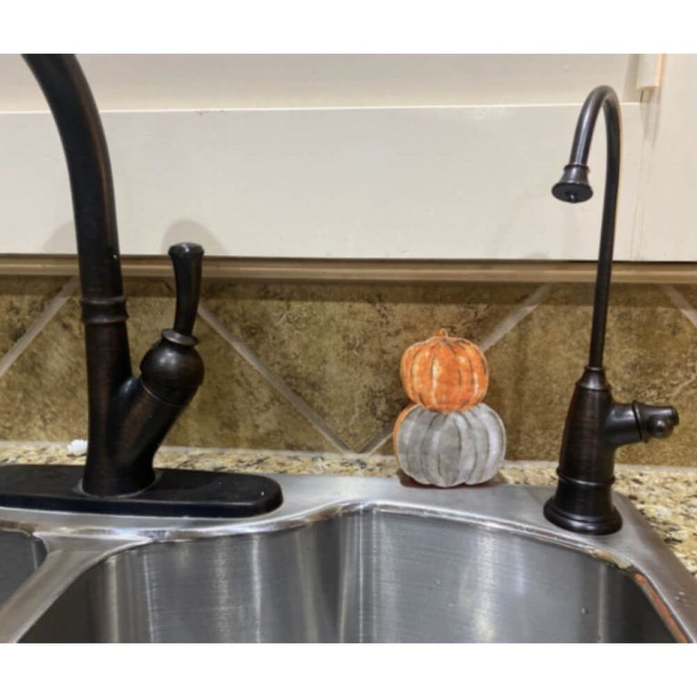 A kitchen sink with a pumpkin on top of it