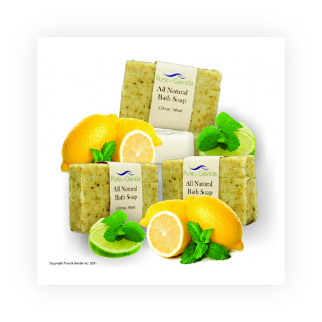 Three bars of all natural bath soap with lemons and mint