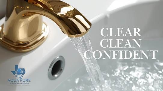 Gold faucet with clear water flowing into a white sink, text reads