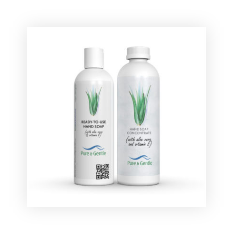 Two bottles of hand soap are sitting next to each other on a white background.