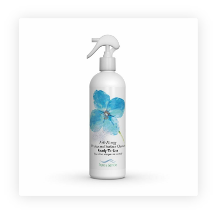 A white spray bottle with a blue flower on it.