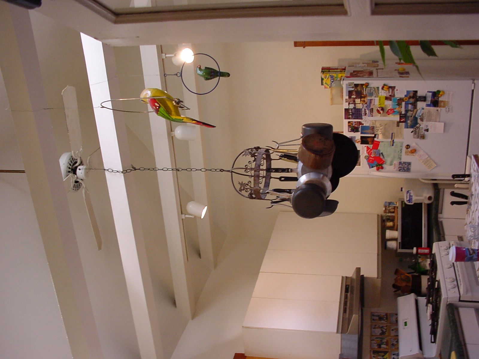 Indoor room with hanging bird ornaments and a wall covered in notes and photos