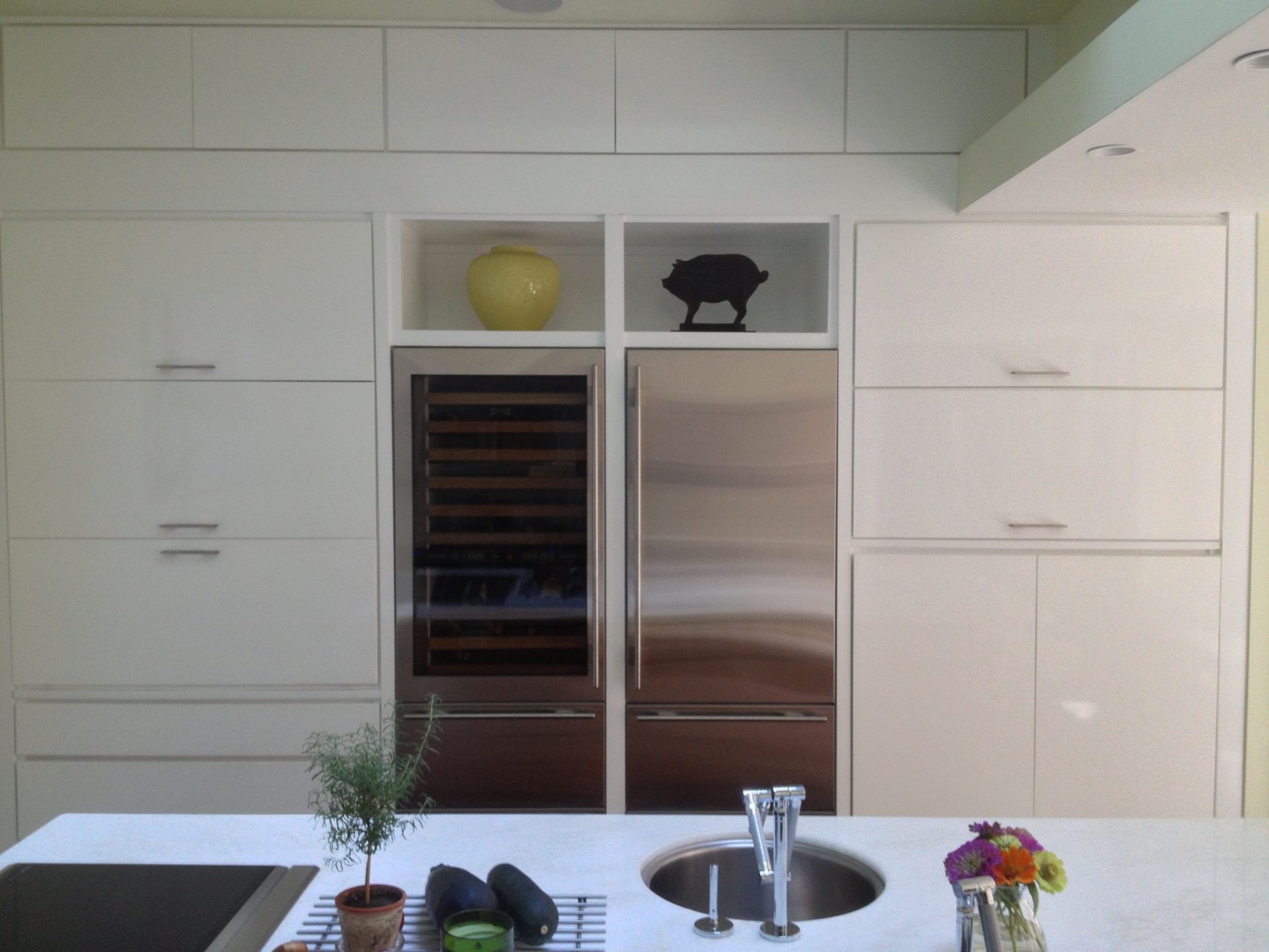 Modern kitchen with white cabinets, stainless appliances, sink, and a small potted plant on the counter.