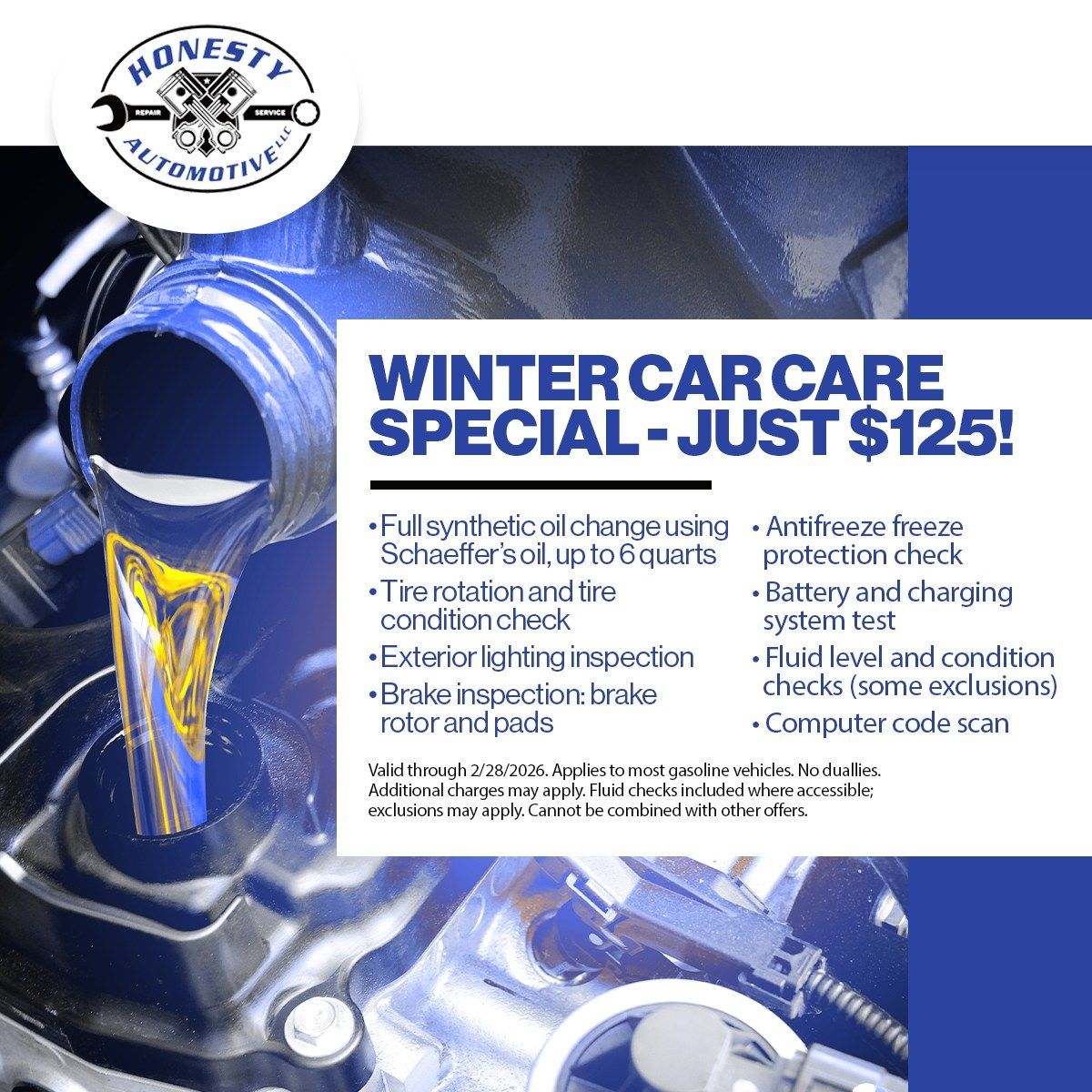 Advertisement for Honesty Automotive's winter car care special: $125. Includes oil change, checks, and inspections.