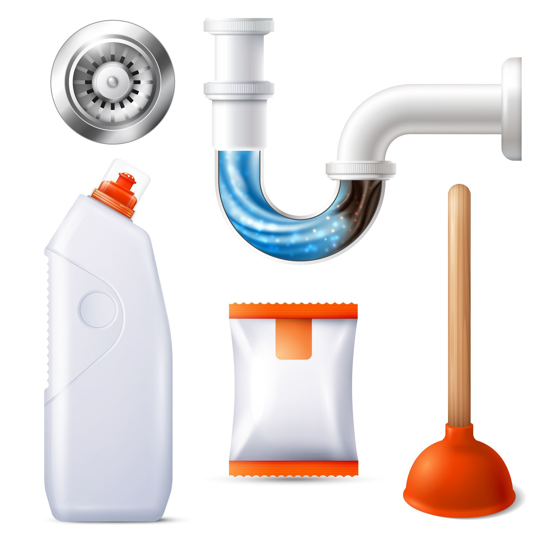 A bottle of toilet cleaner , a plunger , a bag of drain cleaner , and a pipe.