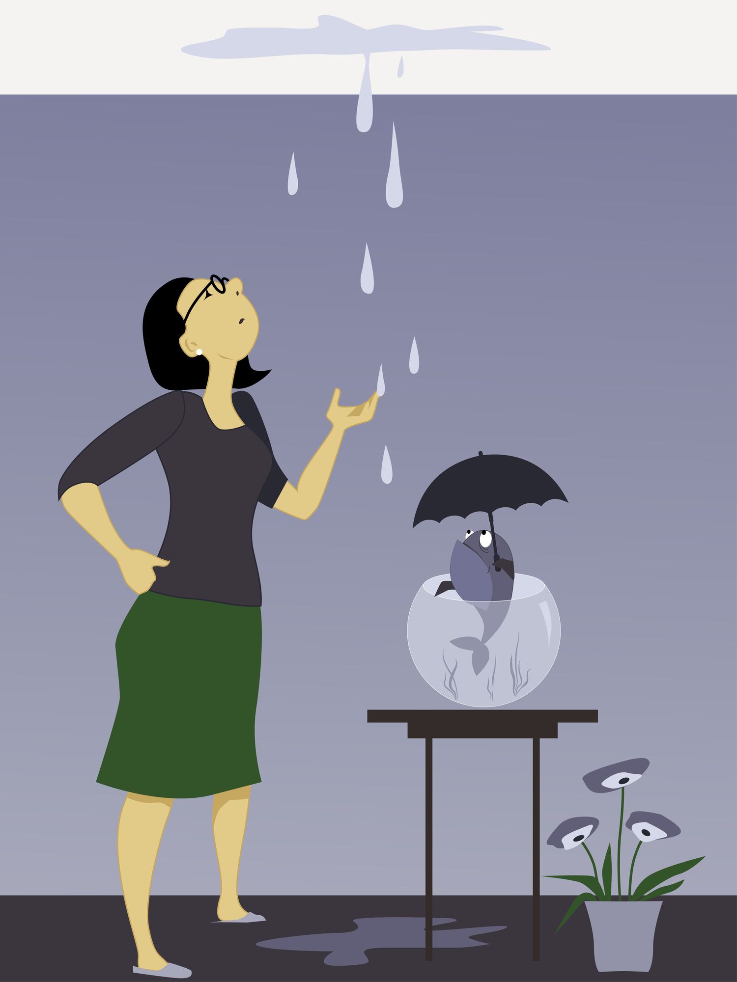 an illustration of a woman looking up at the ceiling with a fish in a bowl under an umbrella