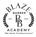 A black and white logo for blaze barber academy