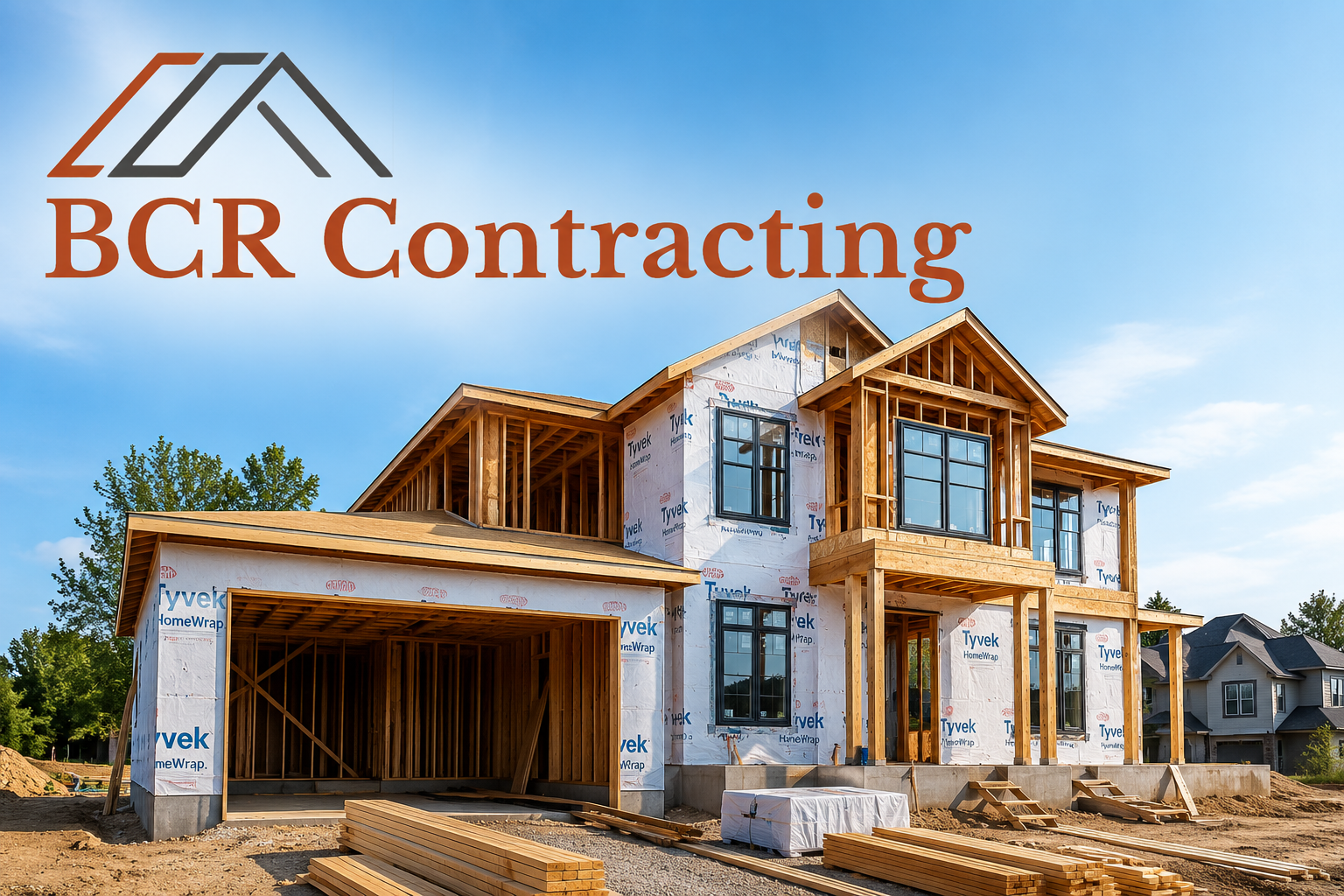 A modern home under construction with a clear blue sky, showing the framing and initial exterior