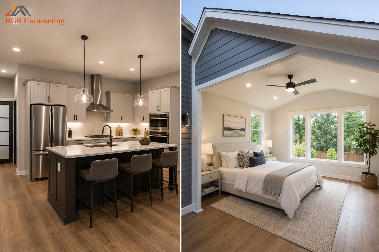 A detailed architectural blueprint showing a side-by-side comparison of a kitchen remodel and a new 